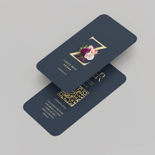 Modern Monogram Z Bloemen Donkerblauw Goud Visitekaartje