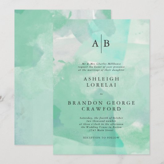 Modern Monogram Zee Foam Waterverf Wedding Kaart (Voorkant / Achterkant)