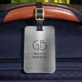 Modern monogram zilver grijs geborsteld metaal bagagelabel