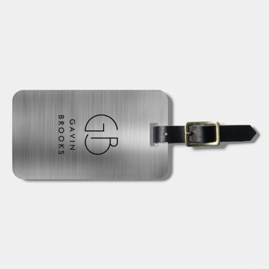 Modern monogram zilver grijs geborsteld metaal bagagelabel (Voorkant horizontaal)