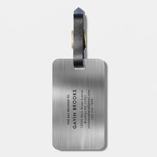 Modern monogram zilver grijs geborsteld metaal bagagelabel (Achterkant verticaal)