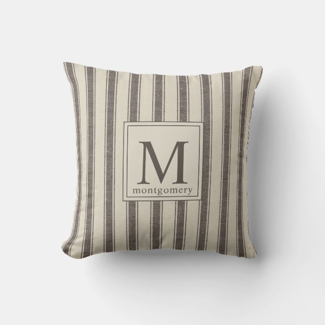 Modern Monogram Zwart Beige Boerderij Ticking Kussen (Voorkant)