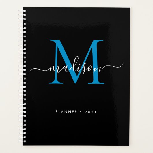 Modern Monogram Zwart Blauw Girly Script Naam 2021 Planner (Voorkant)