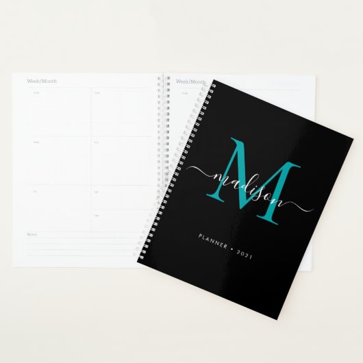 Modern Monogram Zwart Blauwgroen Groen Girly Scrip Planner (Display)