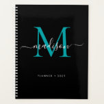 Modern Monogram Zwart Blauwgroen Groen Girly Scrip Planner<br><div class="desc">Modern Monogram Zwart Blauwgroen Groen Girly Elegant Stijlvol Script Naam 2021 Planner</div>