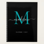 Modern Monogram Zwart Blauwgroen Groen Girly Scrip Planner (Voorkant)