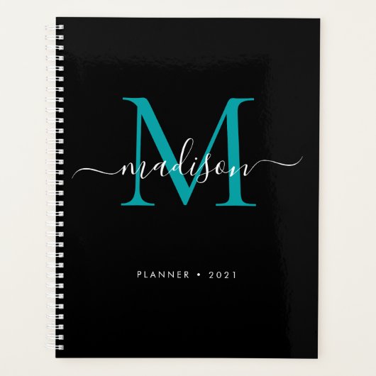 Modern Monogram Zwart Blauwgroen Groen Girly Scrip Planner (Voorkant)