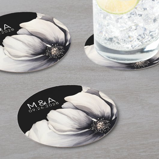 Modern Monogram Zwart Bloemen Bruiloft Ronde Kartonnen Onderzetter