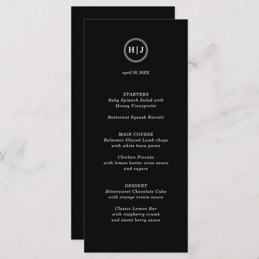 Modern Monogram Zwart Bruiloft Menu (Voorkant / Achterkant)