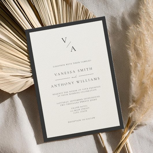 Modern Monogram Zwart & Ecru Border Wedding Kaart