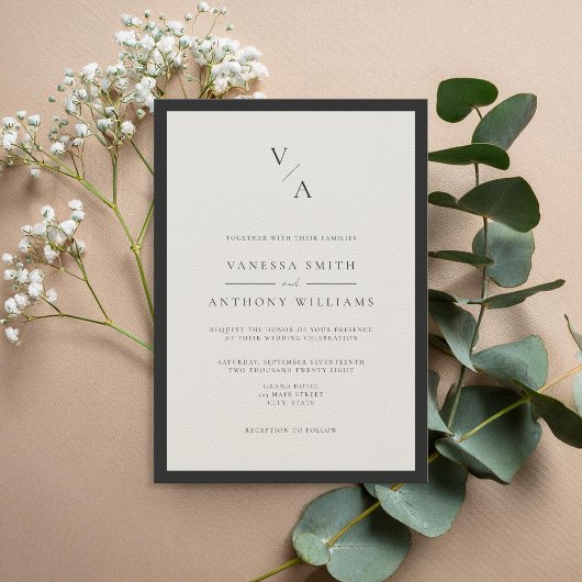 Modern Monogram Zwart & Ecru Border Wedding Kaart