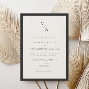 Modern Monogram Zwart & Ecru Border Wedding Kaart