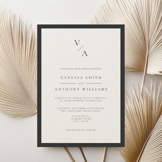 Modern Monogram Zwart & Ecru Border Wedding Kaart