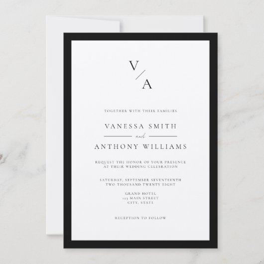 Modern Monogram Zwart & Ecru Border Wedding Kaart (Voorkant)