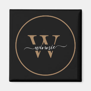 Modern Monogram Zwart Goud Minimal Script Naam Magneet