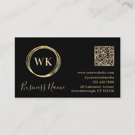 Modern Monogram Zwart Goud QR-code Visitekaartje (Voorkant)
