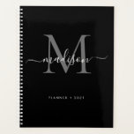 Modern Monogram Zwart Grijs Girly Script Naam 2021 Planner<br><div class="desc">Moderne Monogram Zwart Zilveren Slate Grijs Girly Elegant Stijlvol Script Naam 2021 Planner</div>