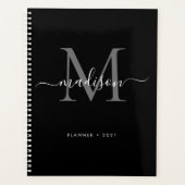 Modern Monogram Zwart Grijs Girly Script Naam 2021 Planner (Voorkant)
