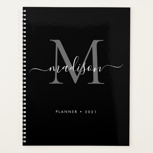 Modern Monogram Zwart Grijs Girly Script Naam 2021 Planner (Voorkant)