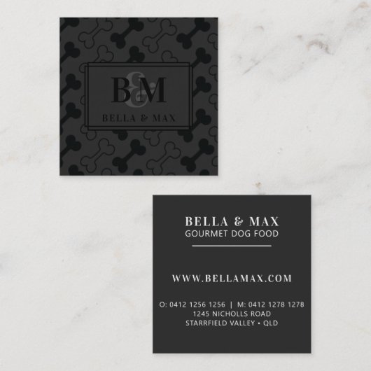 Modern Monogram Zwart op Black Dog Bone Pattern Vierkante Visitekaartje (Voorkant / Achterkant)