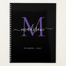 Modern Monogram Zwart Paarse Girly Script 2021 Planner