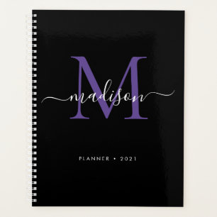 Modern Monogram Zwart Paarse Girly Script 2021 Planner