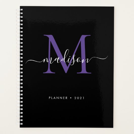 Modern Monogram Zwart Paarse Girly Script 2021 Planner (Voorkant)