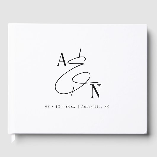 Modern Monogram Zwart Wit Elegant Bruiloft Gastenboek (Voorkant)