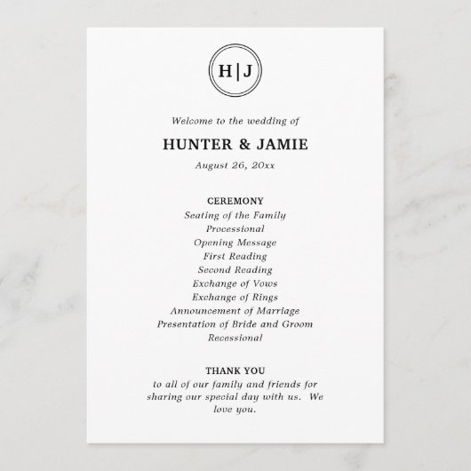 Modern Monogram Zwart-Wit Huwelijksprogramma Programmakaart (Voorkant)