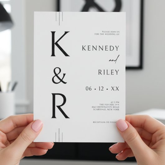 Modern Monogram Zwart & Wit QR Code Trouwen Kaart