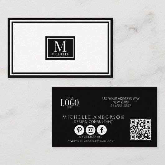 Modern Monogram Zwart & Wit Rand Logo QR Visitekaartje (Voorkant / Achterkant)
