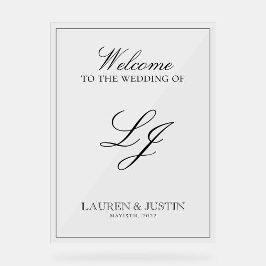Modern Monogram Zwart & Wit Script Welkom Acryl Bord (Voorkant)