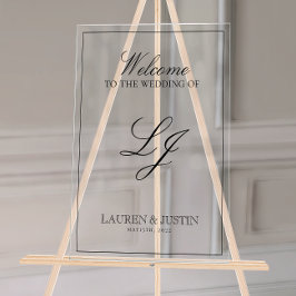 Modern Monogram Zwart & Wit Script Welkom Acryl Bord