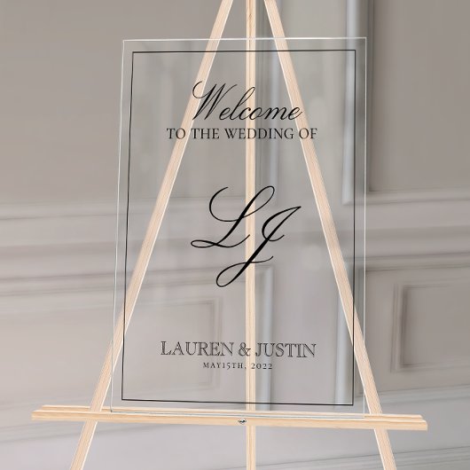 Modern Monogram Zwart & Wit Script Welkom Acryl Bord