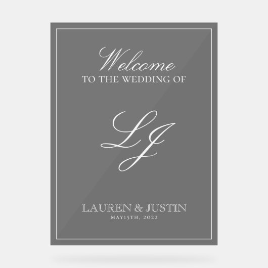 Modern Monogram Zwart & Wit Script Welkom Acryl Bord (Voorkant)