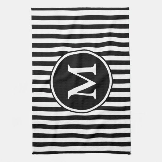 Modern Monogram zwart-wit strepen Theedoek (Verticaal)