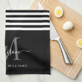 Modern Monogram Zwart Wit Stripes Script Naam Theedoek (Quarter Fold)