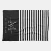 Modern Monogram Zwart Wit Stripes Script Naam Theedoek (Horizontaal)