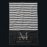 Modern Monogram Zwart Wit Stripes Script Naam Theedoek<br><div class="desc">Modern Monogram Zwart Wit Strepen Elegant Vrouwelijk Script Naam keuken handdoek</div>