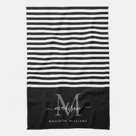 Modern Monogram Zwart Wit Stripes Script Naam Theedoek
