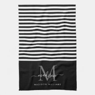 Modern Monogram Zwart Wit Stripes Script Naam Theedoek