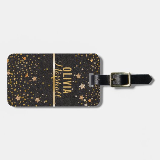 Modern Monogram | Zwarte leder Gold Glitter Stars Bagagelabel (Voorkant horizontaal)
