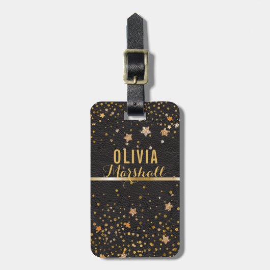Modern Monogram | Zwarte leder Gold Glitter Stars Bagagelabel (Voorkant verticaal)