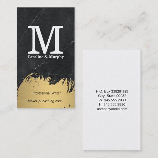 Modern Monogram | Zwarte Marmer | Goud Geborsteld Visitekaartje (Voorkant / Achterkant)