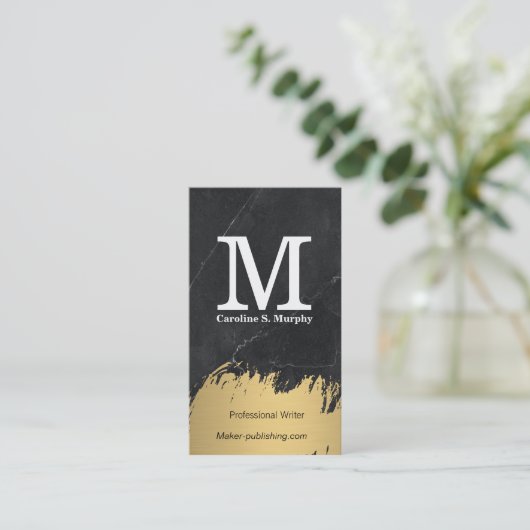 Modern Monogram | Zwarte Marmer | Goud Geborsteld Visitekaartje (Staand voorkant)
