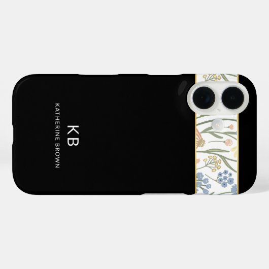 Modern Monogramm Cute Black Floral Pattern  Case-Mate iPhone Case (Achterkant (horizontaal))