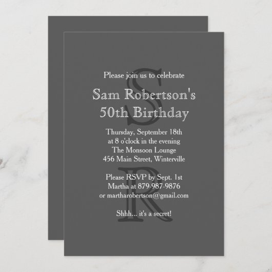 Modern Monogrammed Birthday Invitation (grijs) Kaart (Voorkant / Achterkant)