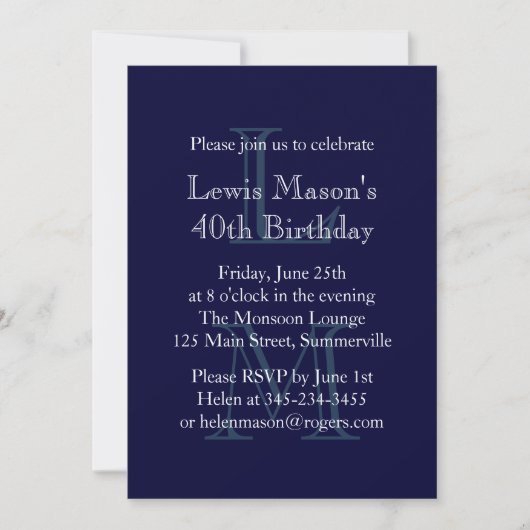 Modern Monogrammed Birthday Invitation (marine) Kaart (Voorkant)