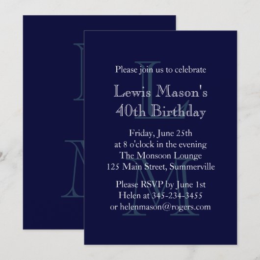 Modern Monogrammed Birthday Invitation (marine) Kaart (Voorkant / Achterkant)
