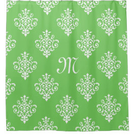 Modern Monogrammed Bright Green Damask Pattern Douchegordijn